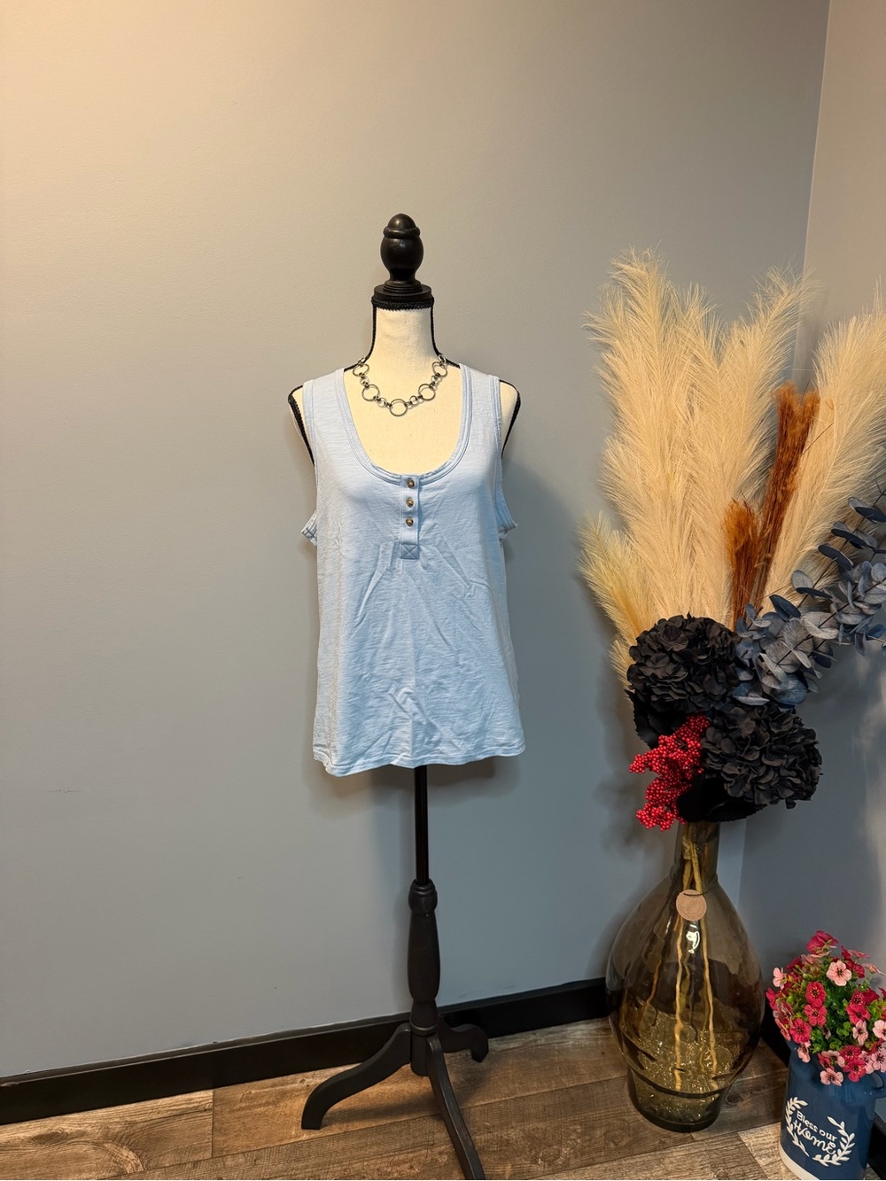 Light Blue Women's Ribbed Henley Tank Top